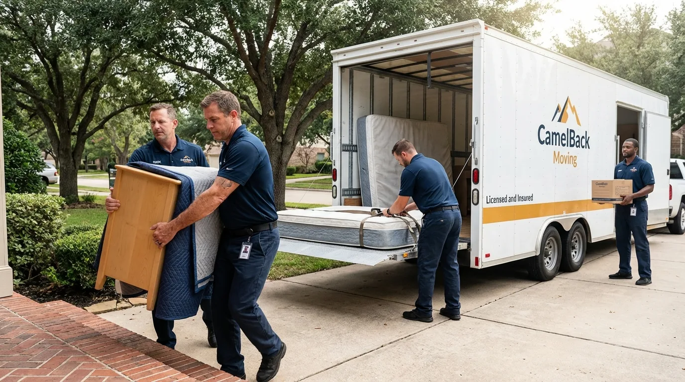 Crew loading residential truck for cross-state move from Shepherd, TX