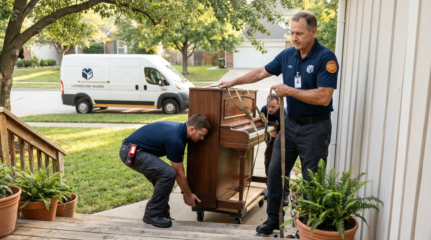 Licensed piano movers securing grand piano in Shepherd, TX