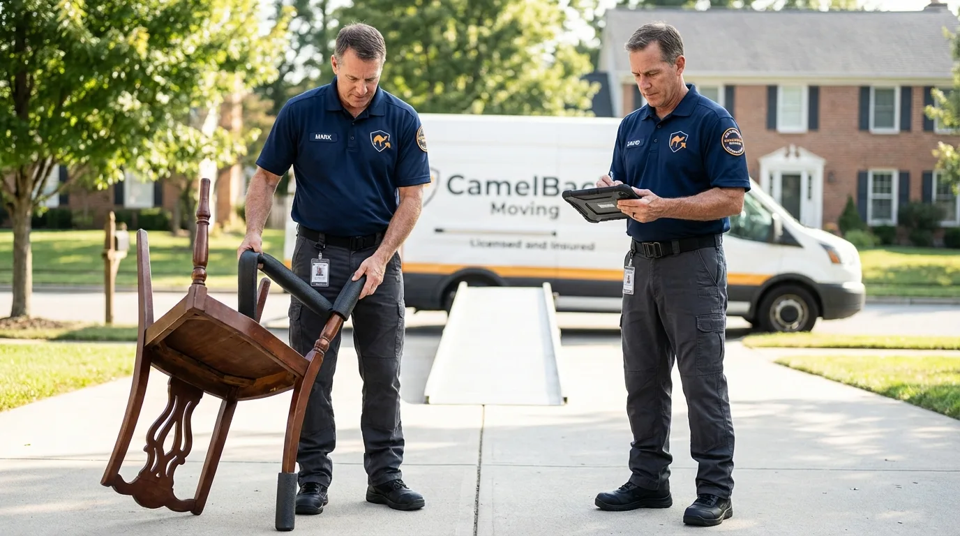 Movers inspecting furniture for damage prevention before loading in Shepherd, TX