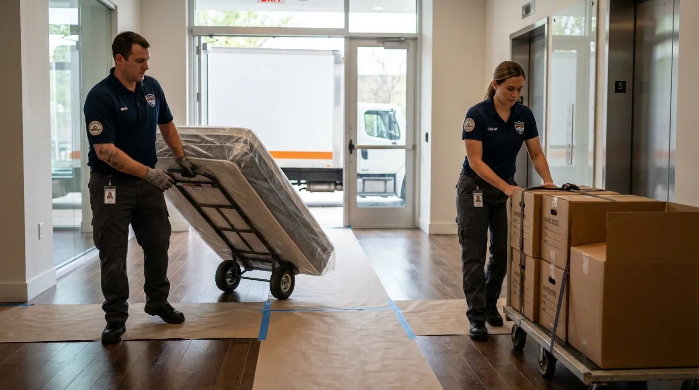 Professional apartment movers loading elevator in Shepherd, TX