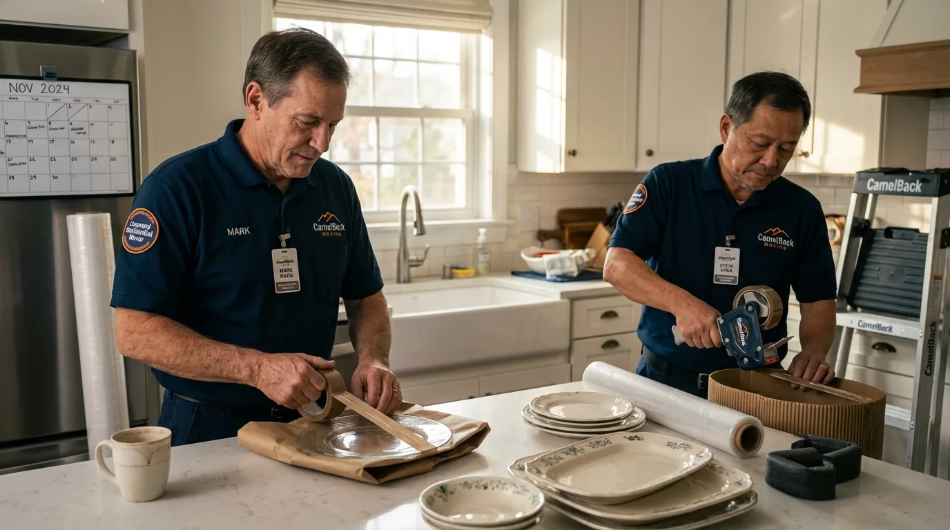 Professional crew packing kitchen dishware in Shepherd, TX